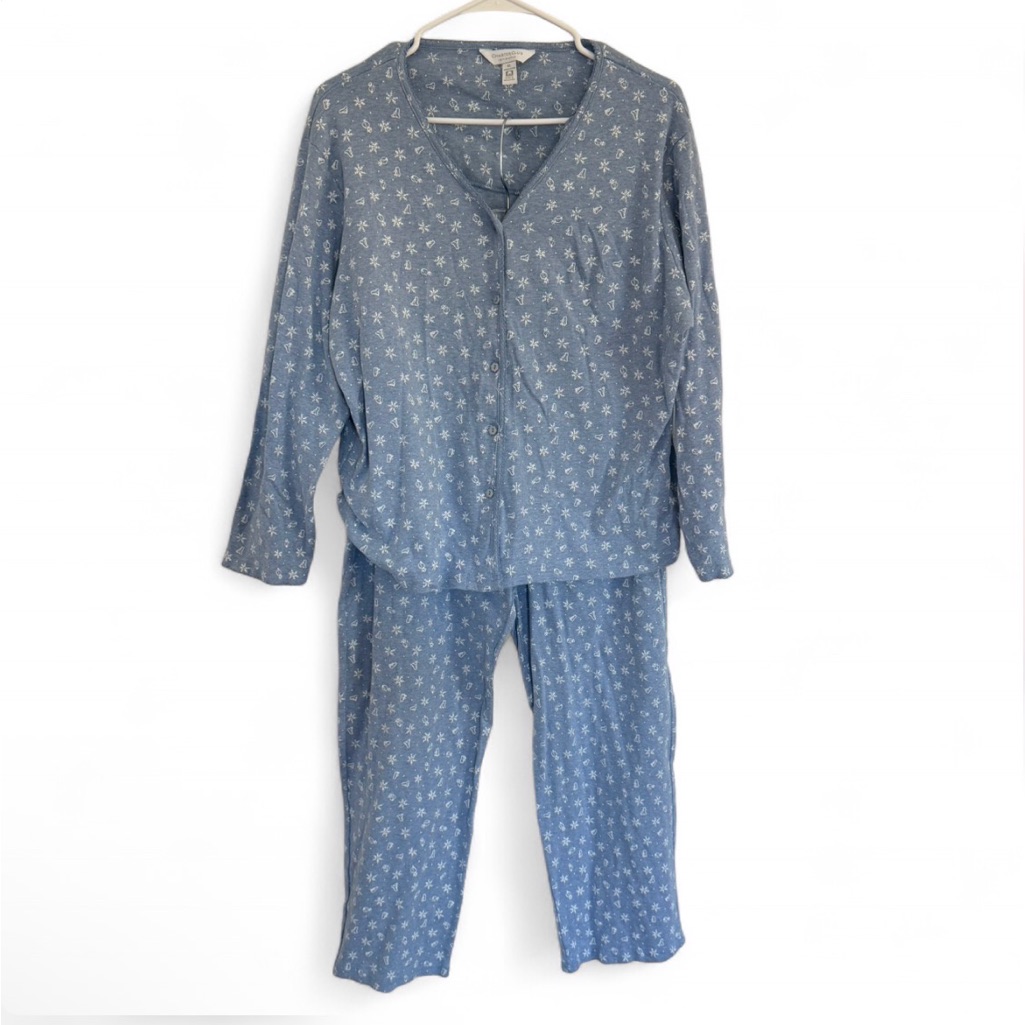 Charter Club Womens Xl 2 Piece Blue Cotton Pajamas Set Snowflake Penguin